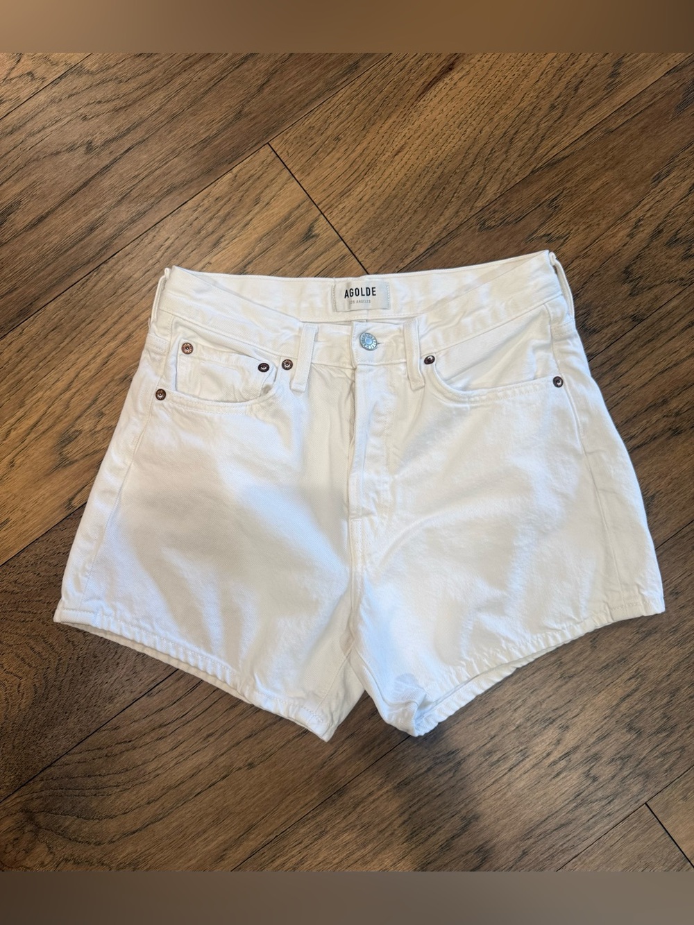 Agolde Parker Long White Denim Shorts - Picture 3 of 6